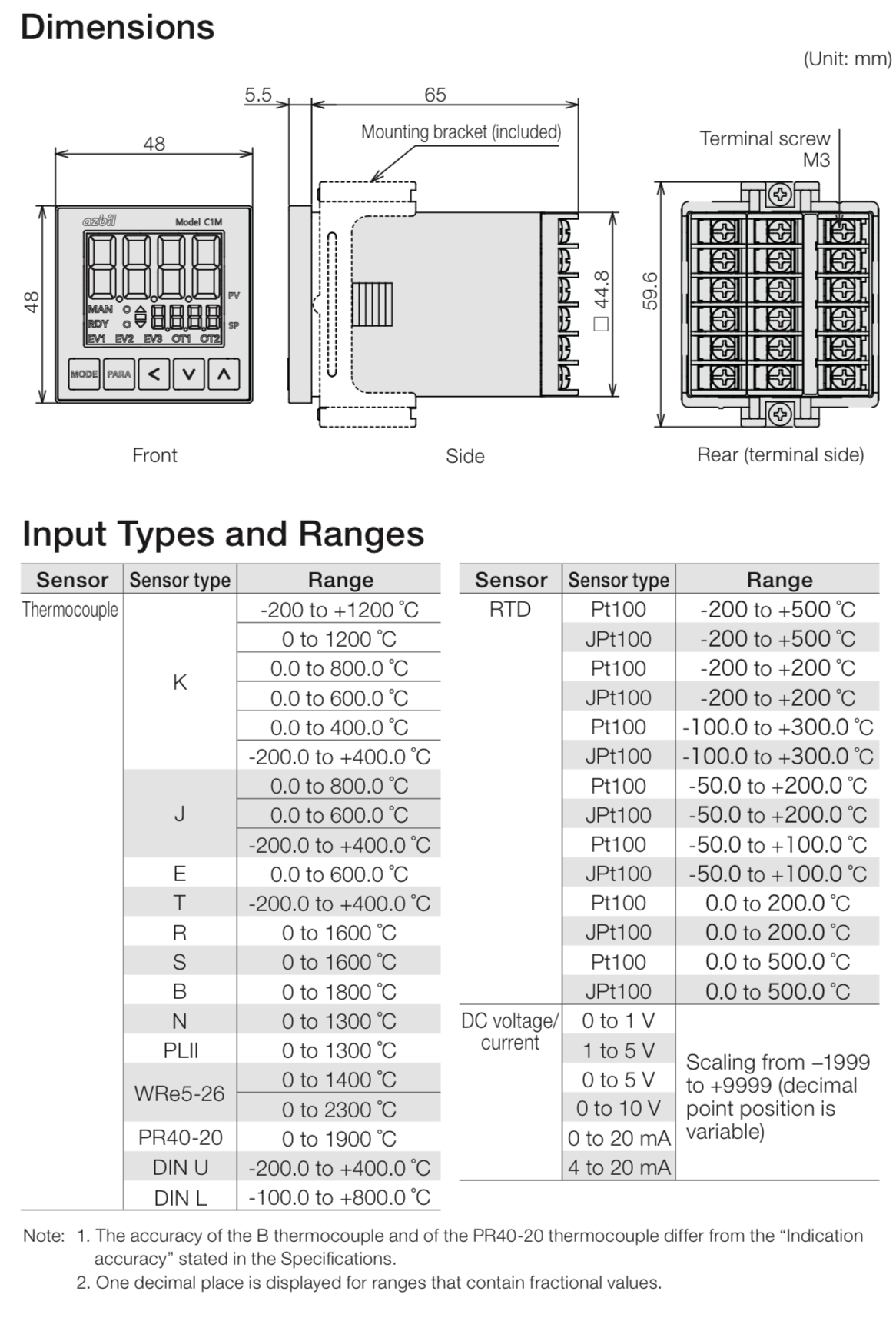 azbil-c1m-dimensions-input-types-and-ranges